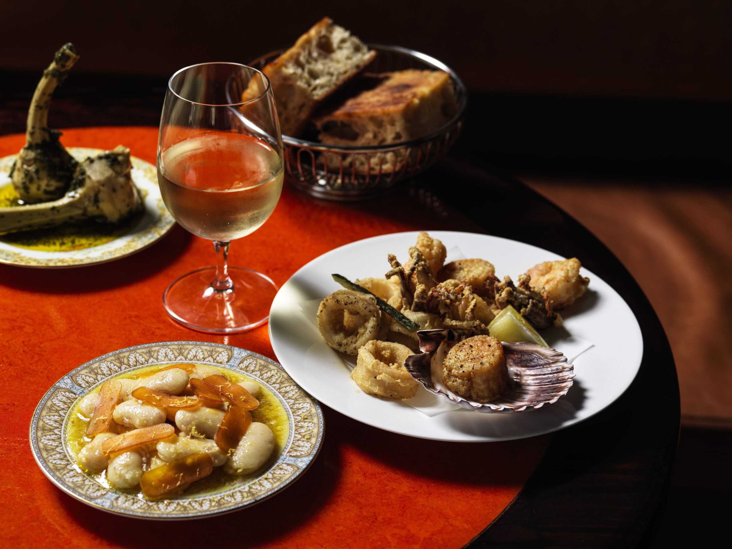 Beans and bottarga and fritto misto with focaccia and white wine at Pellegrino 2000 restaurant Sydney