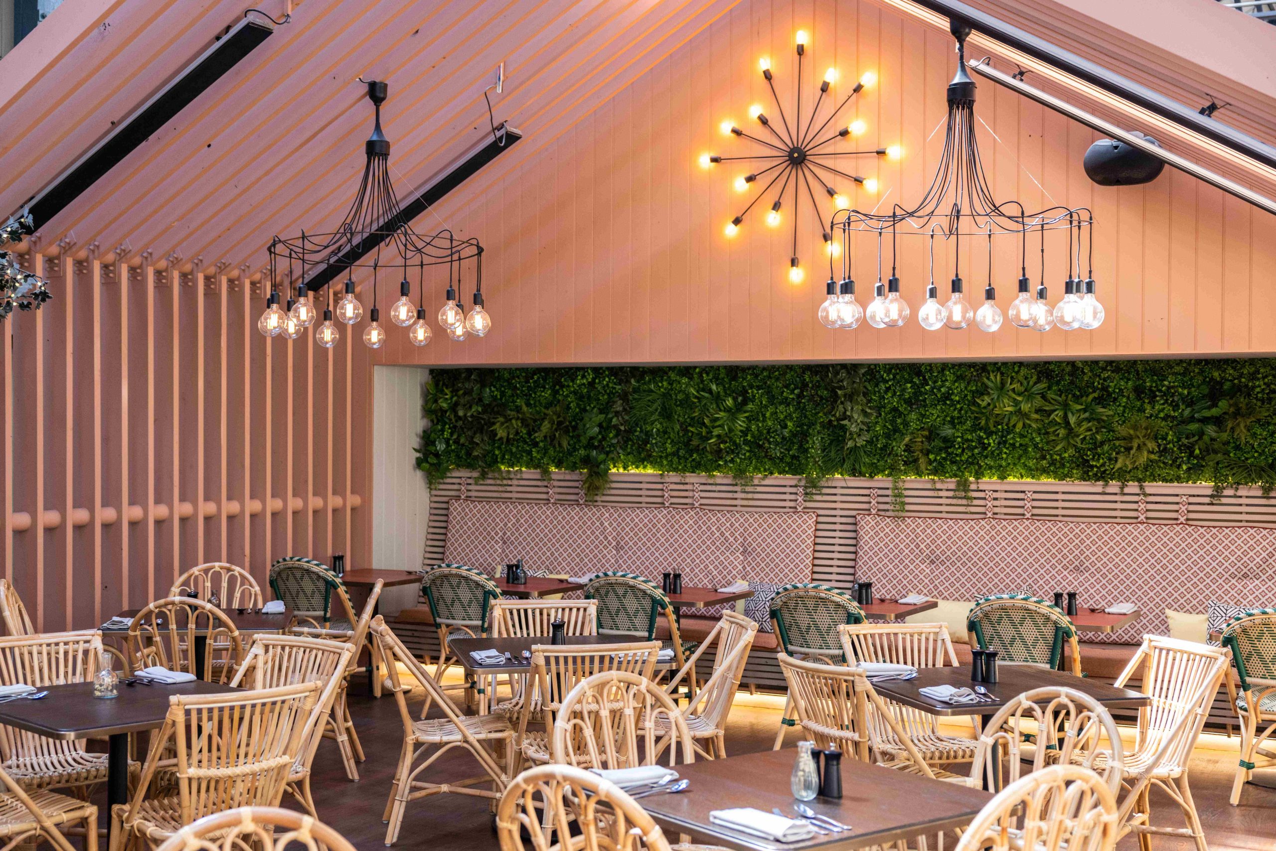 The greenhouse-inspired indoor dining room at Ovolo in Sydney, with rattan seating and greenery on the wall