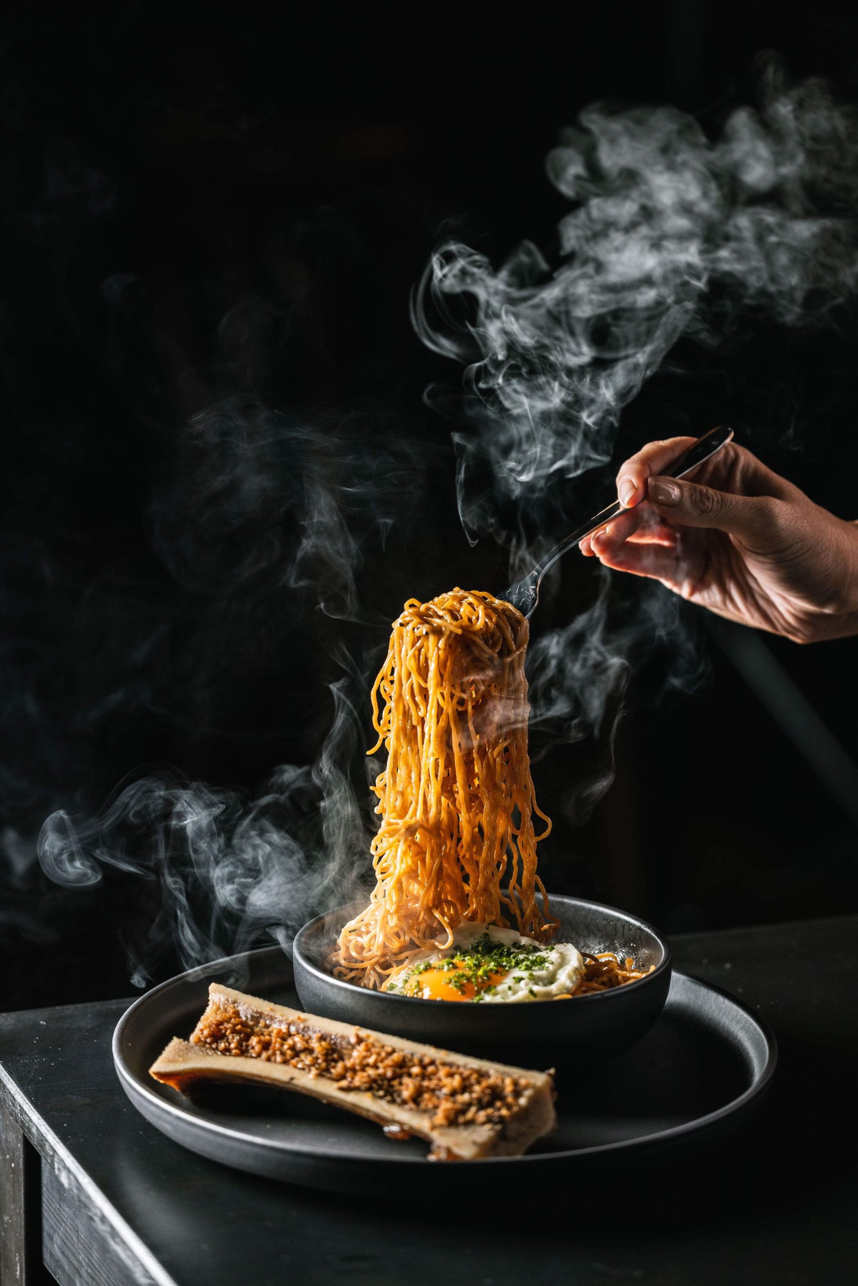 Mi goreng with bone marrow at Hustlers.Syd in Sydney