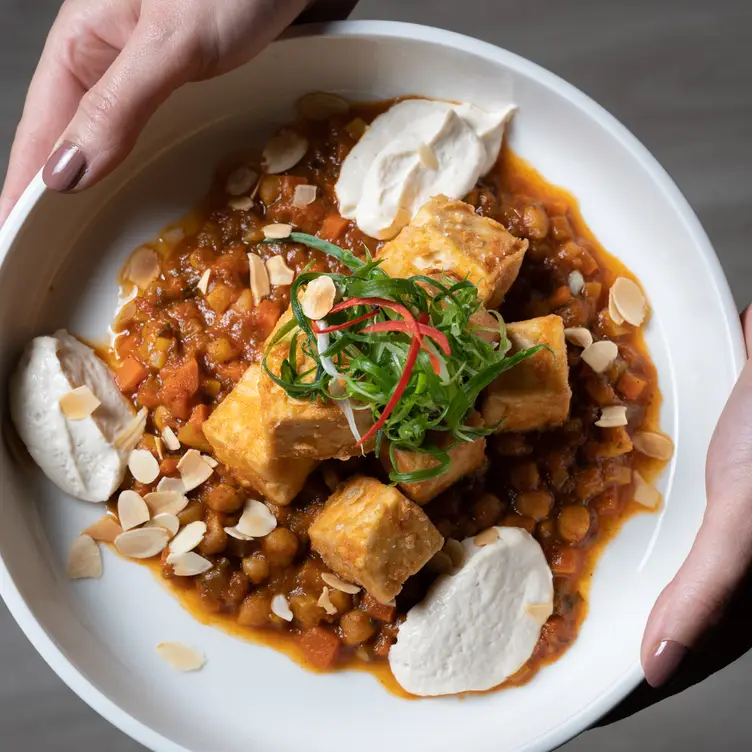 A vegan dish of fried tofu with chickpeas at Rubyos Restaurant, one of the best vegan restaurants in Sydney