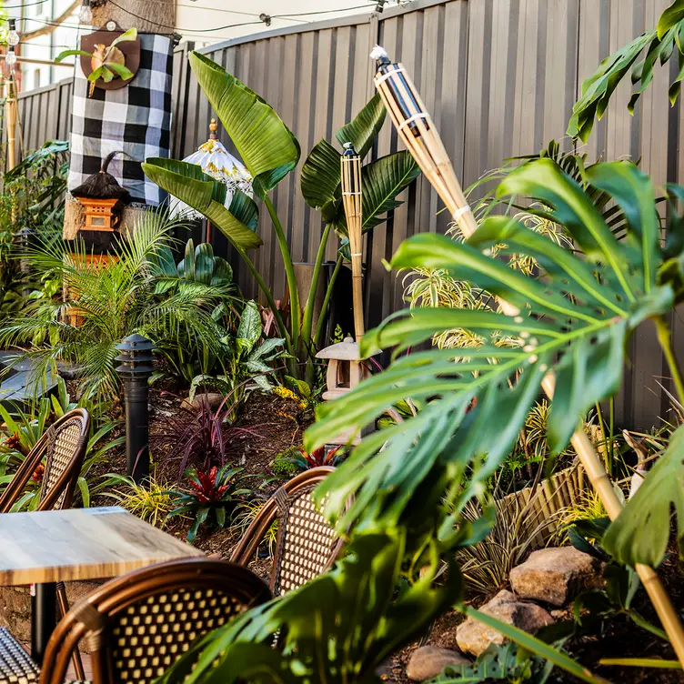 The Ba;linese-inspired outdoor garden at Salt & Palm,