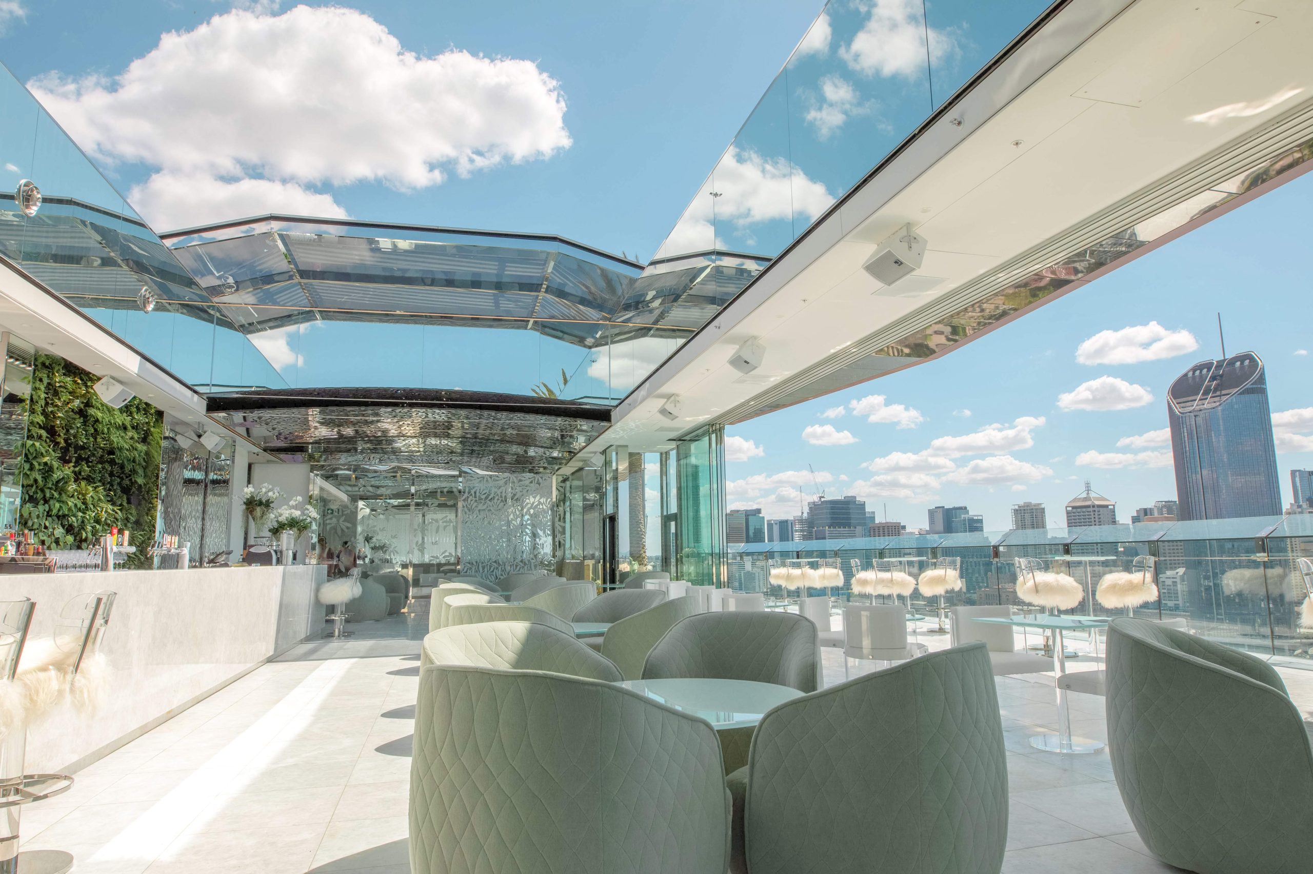 The retractable ceiling of The Terrace Rooftop Bar at the Emporium Hotel, one of the best outdoor restaurants in Brisbane