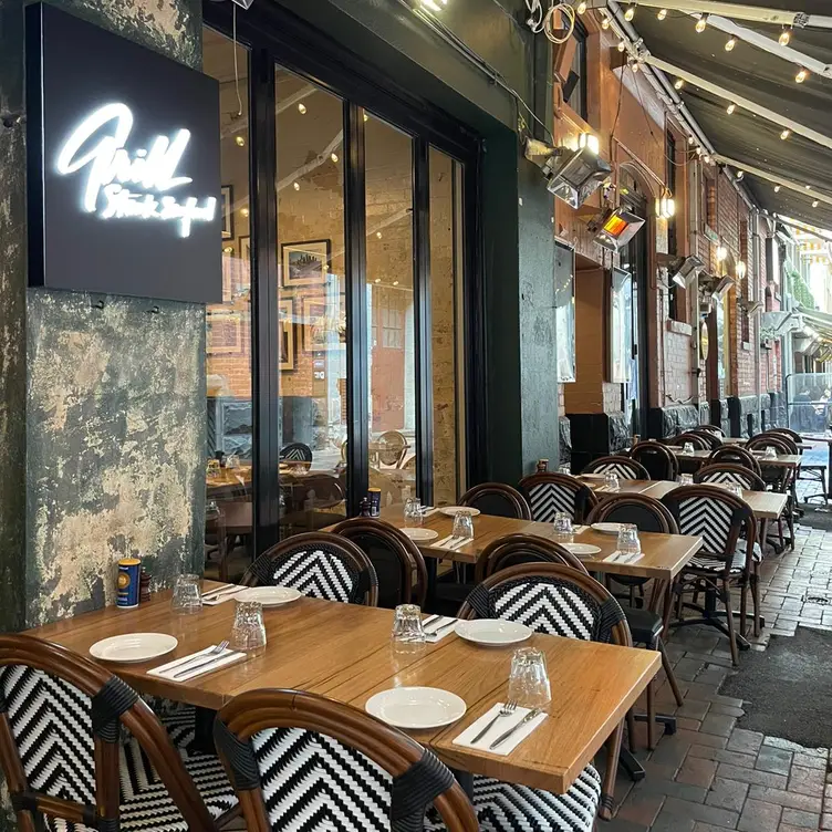 The outdoor seating area at Grill Steak Seafood, one of the best steak restaurants in Melbourne’s CBD. Credit: Grill Steak Seafood