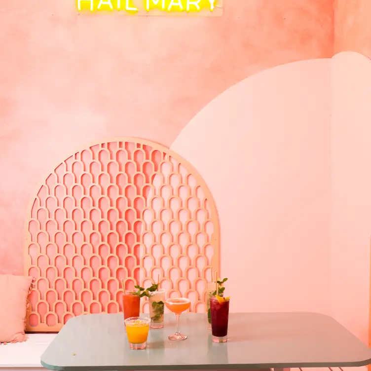 The pale pink interior of Hail Mary, one of the best vegan restaurants on the Gold Coast.