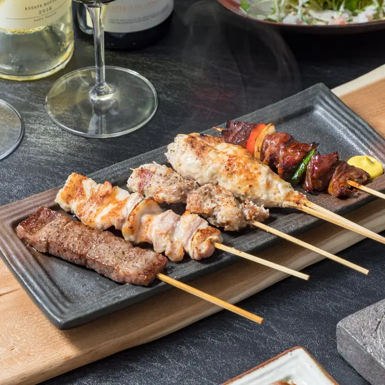 A plate of five different skewers served at Goryon San, a specialty yakitori restaurant in Sydney’s Surry Hills.