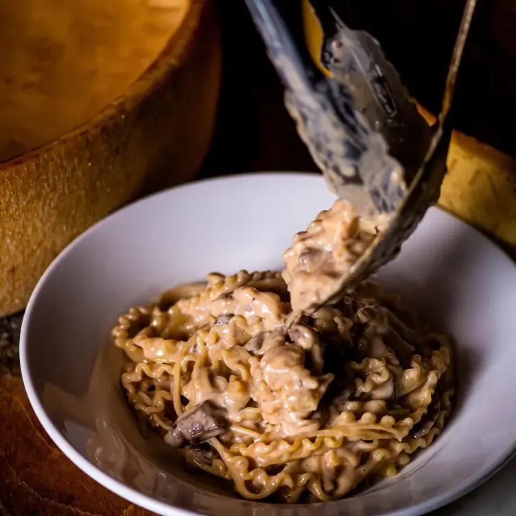 Someone plates a creamy pasta dish at Godi La Vita, one of the best romantic restaurants in Adelaide.