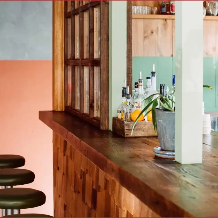 Green stools lined up alongside the bar at Gondola Gondola, one of the best date night restaurants in Adelaide.