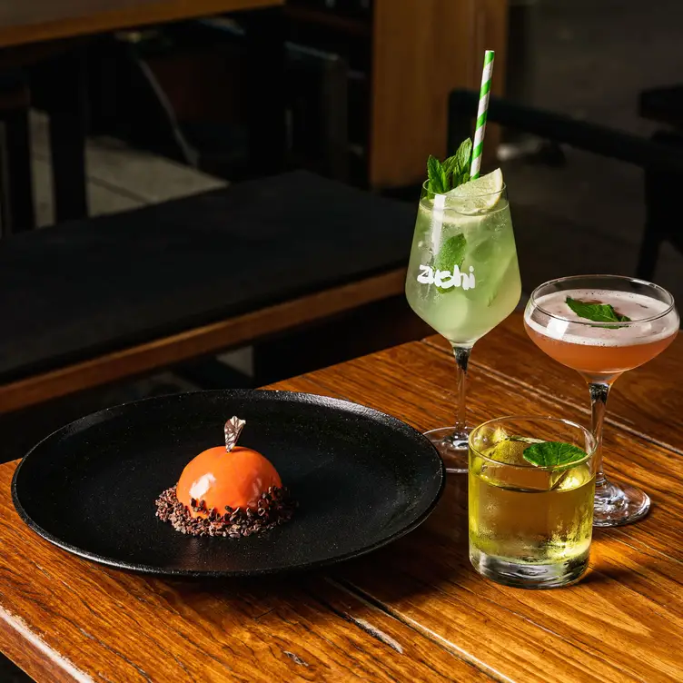 A dessert served alongside three cocktails at Zushi, one of the best Japanese restaurants in Sydney