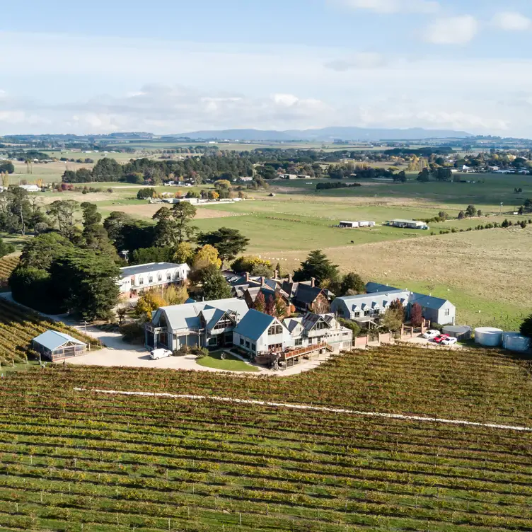 A shot from above of the exterior of Cleveland Winery, showing the buildings, the vineyards and the surrounding landscape.