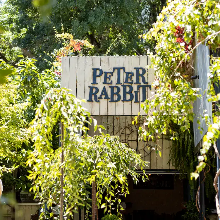 The exterior of Peter Rabbit, showing the foliage growing above the entrance, over the large sign.