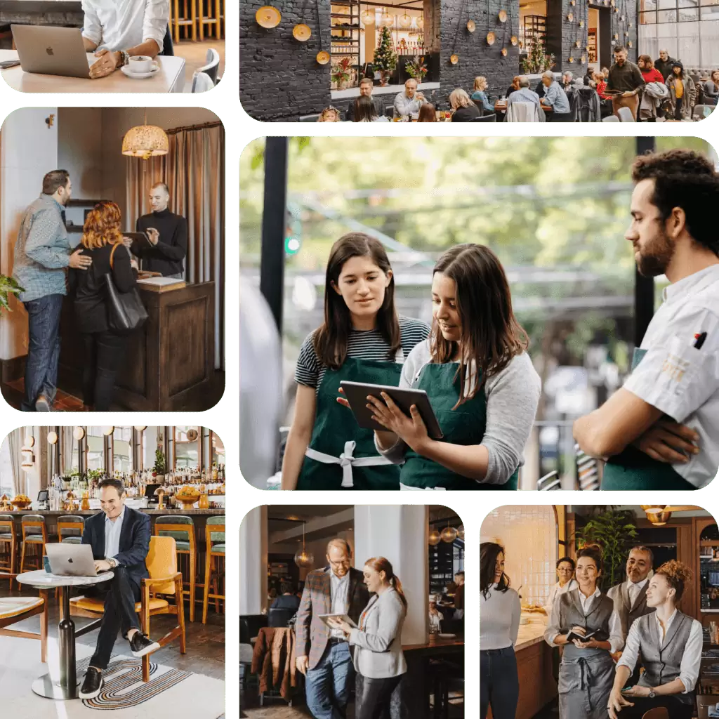 Images of restaurant staff briefing before a restaurant shift